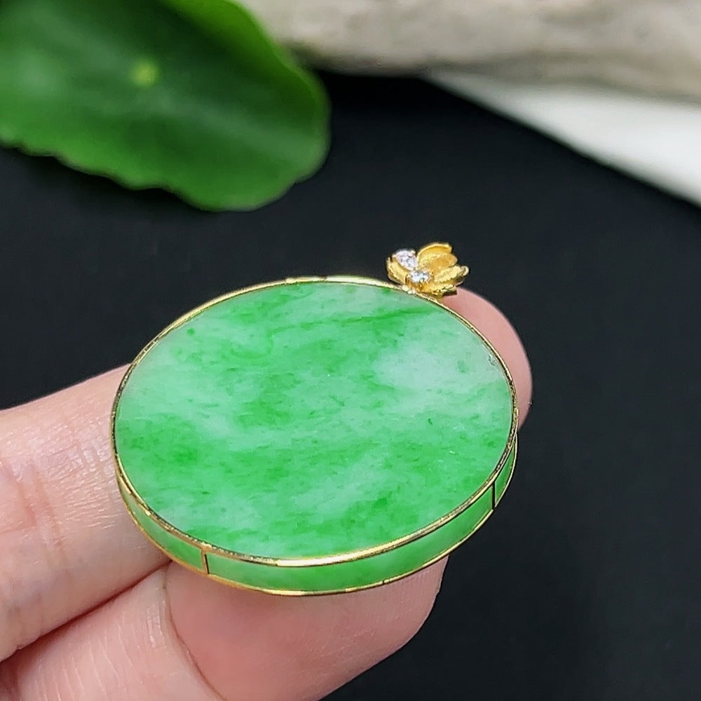 Jadeite plain pendant necklace with 18K non-diamond setting from HKHQ, showcasing a smooth, polished green jadeite pendant.