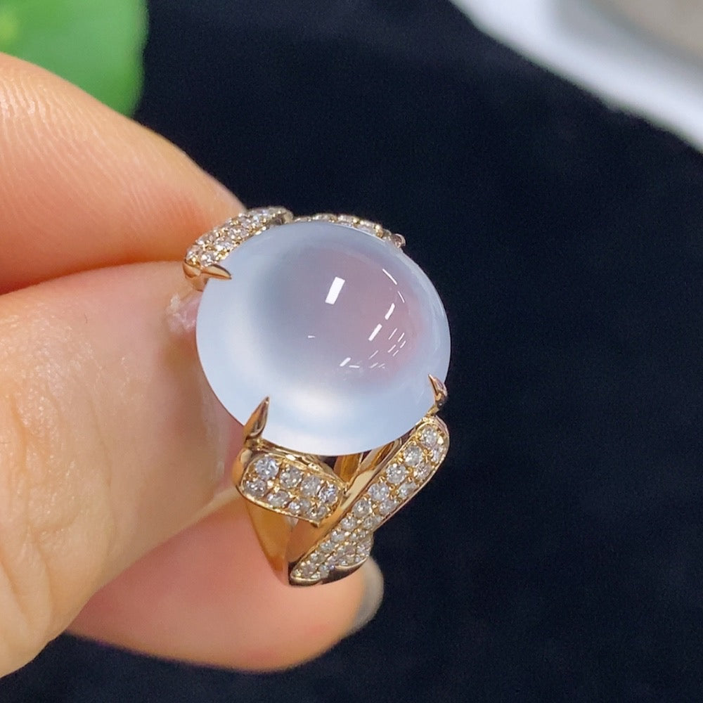 Jadeite Cabochon Ring with 18k Gold and Diamond Accents, Size 19, Total Weight Approximately 8.62g
