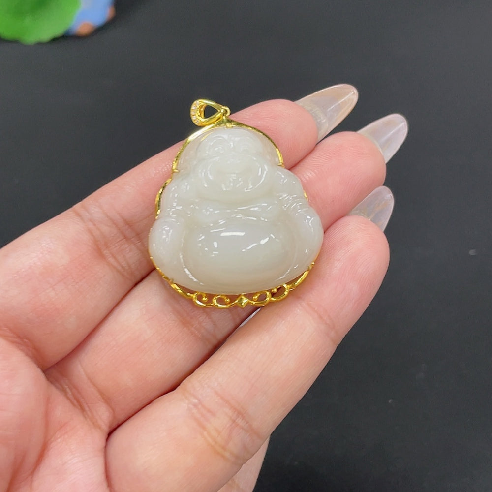 Hetian Jade Inlaid Pendant Buddha Total Weight Approx. 15.3g 18k Non-Diamond