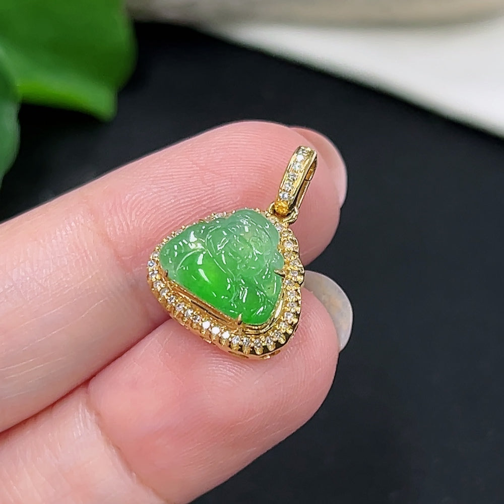 Jadeite God of Wealth Pendant 18K Gold Total Weight Approx. 2.3g (with Diamond Accents)