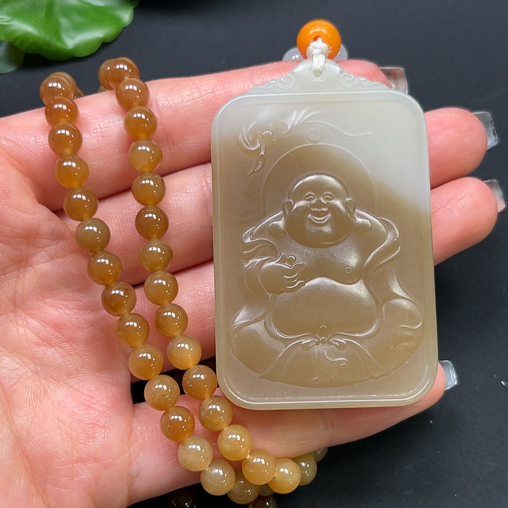 Hetian Jade Buddha Pendant with Non-Hetian Jade Beads
