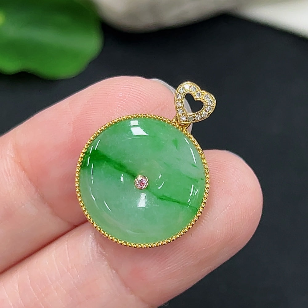 Jadeite safety buckle pendant in 9K gold, weighing about 2.2g, featuring a polished jade jadeite stone with gold setting.