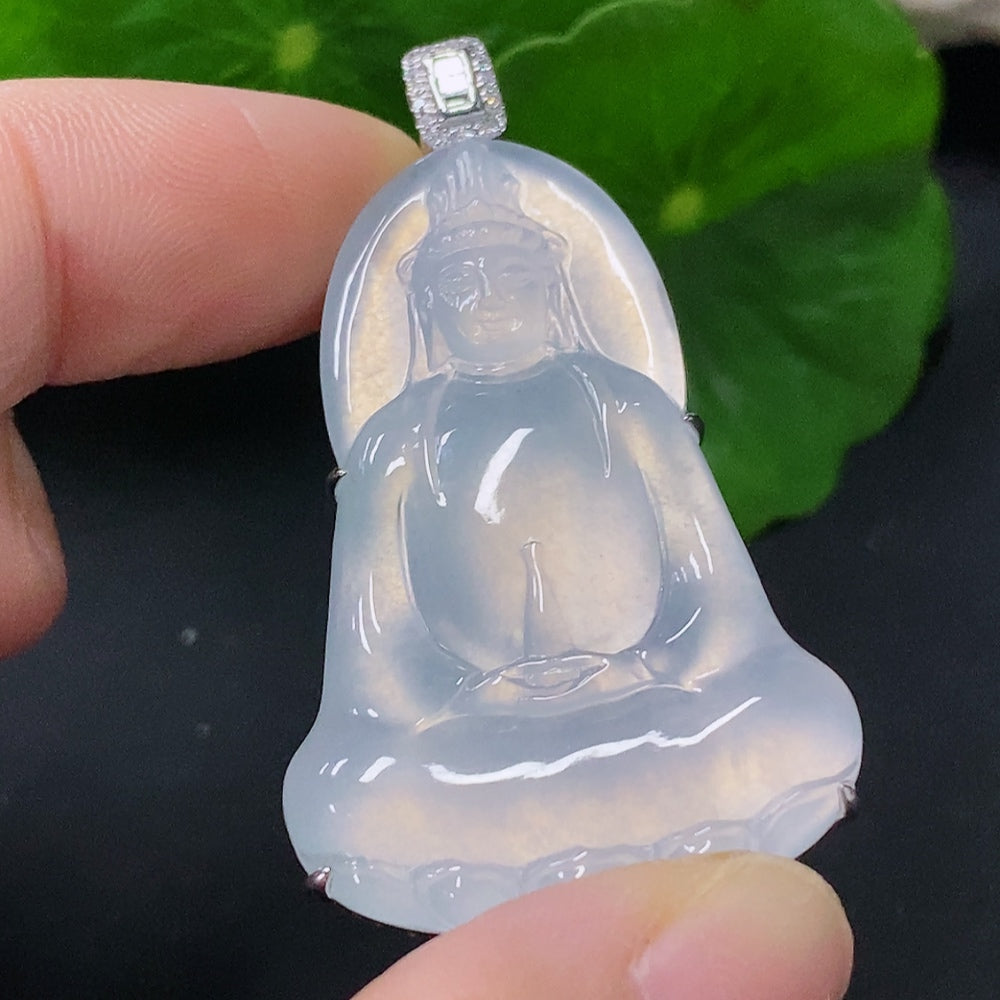 Jadeite inlaid Guanyin pendant 18k with diamond, total weight about 9.74g