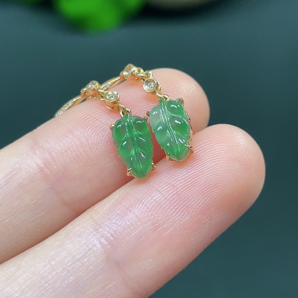 Jadeite Leaf Inlaid Earrings 18k