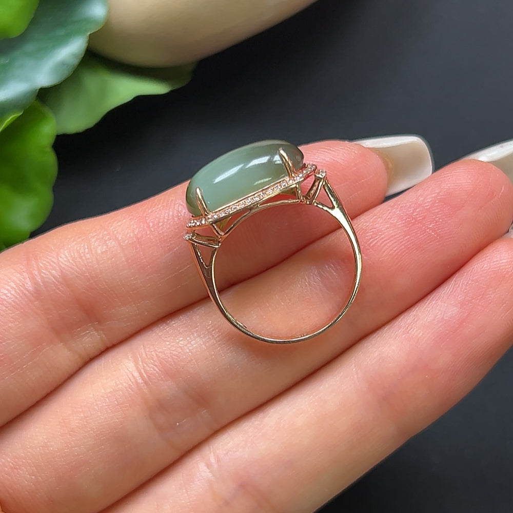 Hetian Jade Inlaid Ring 18K Gold with Diamond Accents