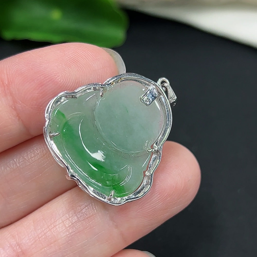 Jadeite Buddha pendant necklace with 18k gold setting, featuring a detailed Buddha figure, weighs approximately 4.43g.