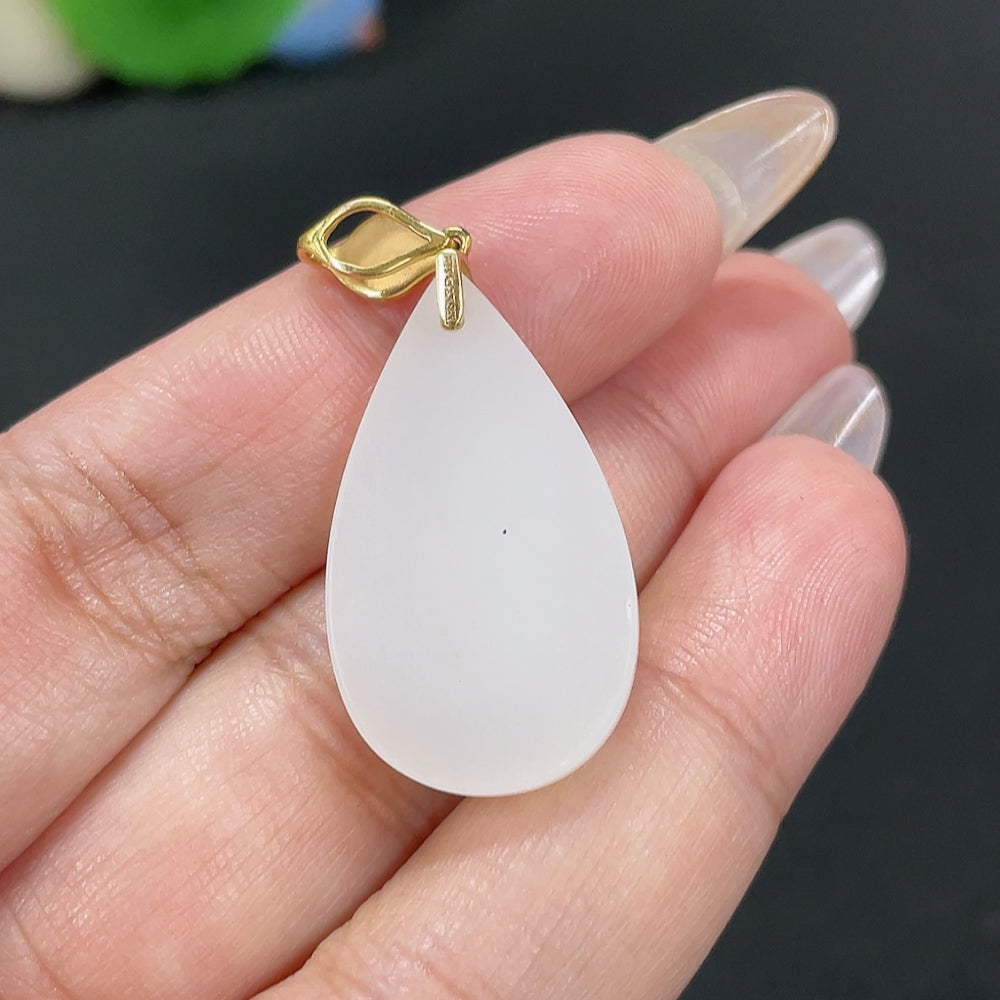 Hetian Jade Inlaid Pendant, Water Drop, Total Weight Approx. 7.4g, 18k Gold with Diamond Accents