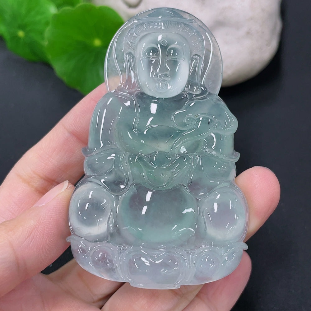 Jadeite Guanyin pendant in jade with detailed carving, weighs approximately 41.3g, crafted by HKHQ.