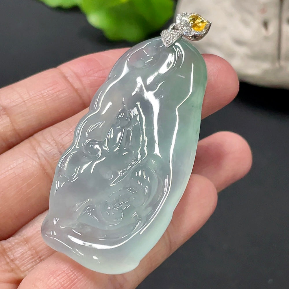 Jadeite Formless Guanyin Pendant with 18K Gold Clasp, Total Weight Approx. 21.66g