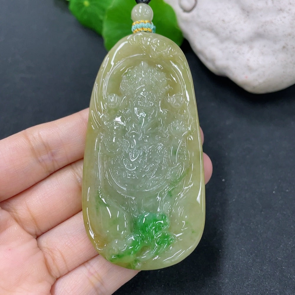 Jadeite pendant featuring the God of Wealth, crafted from green jade, weighing approximately 51.78 grams, from HKHQ.
