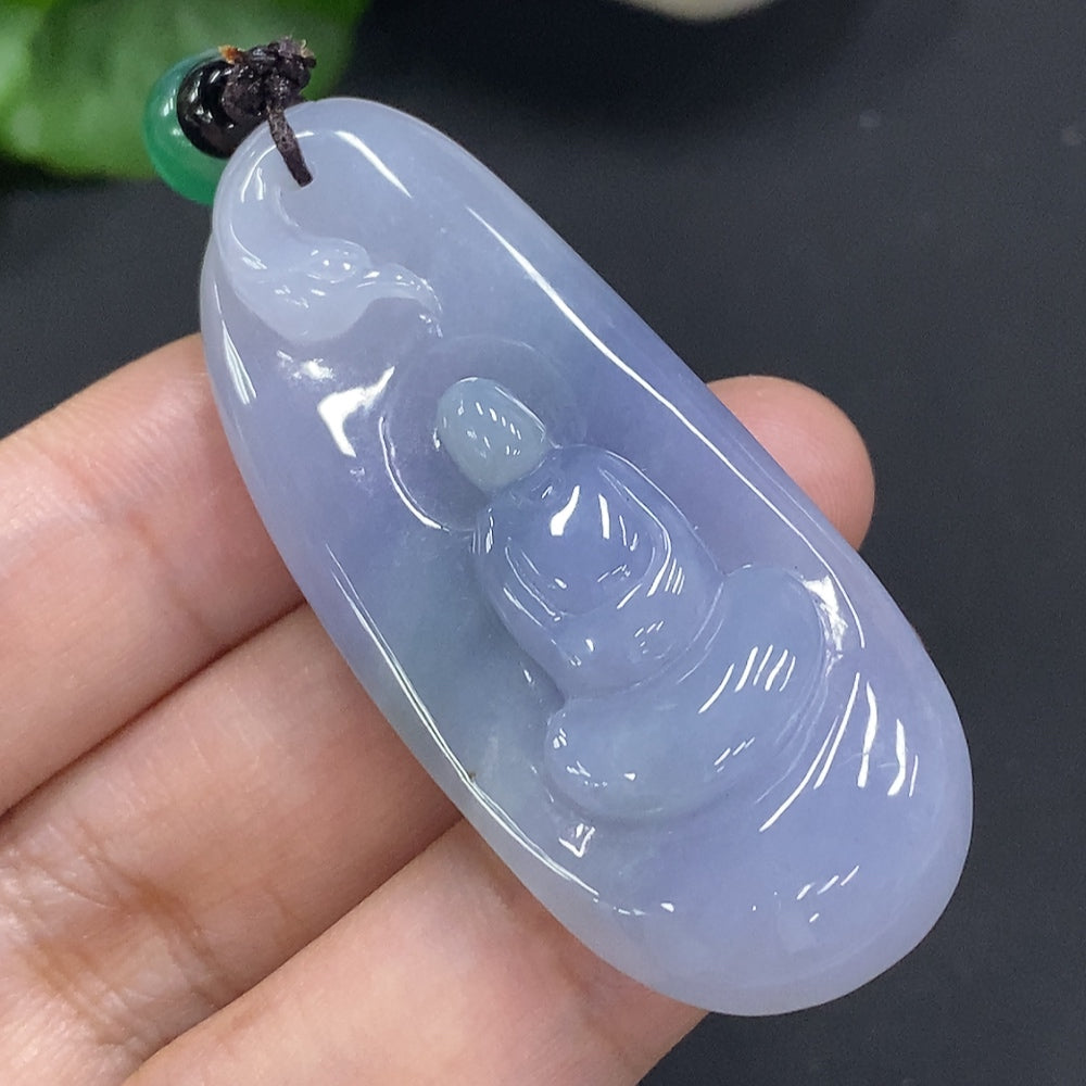 Jadeite Enlightenment pendant with cord and non-A beads, featuring a polished jade pendant, weighing approximately 23.2g.