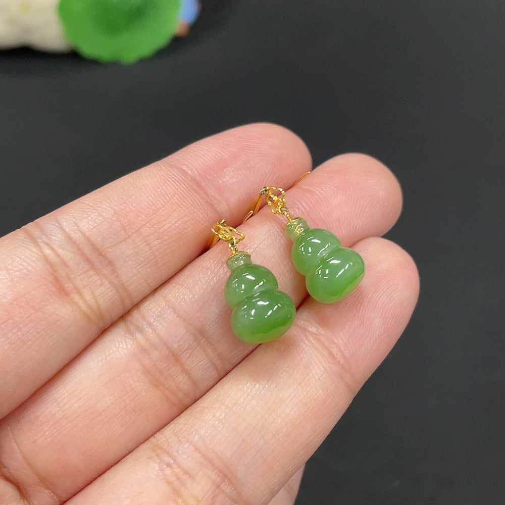Hetian Jade Inlaid Earrings Gourd Total Weight About 2.9g No Stamp 18k Gold Content