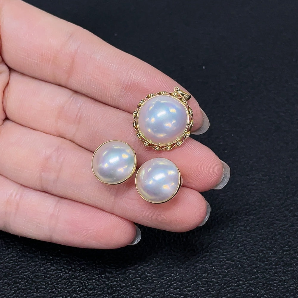 Composite Saltwater Pearl Pendant and Earring Set, 18K Gold