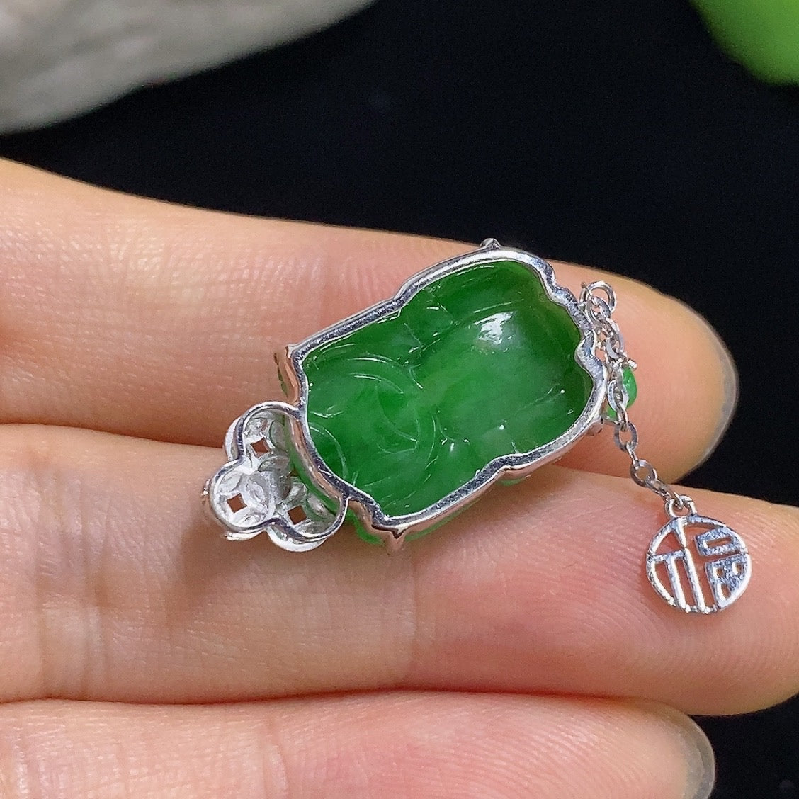 Jadeite Pi Xiu Inlaid Pendant 18K with Diamond Accent