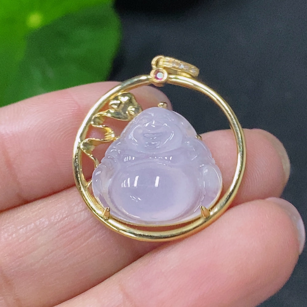 Jadeite Inlaid Buddha Pendant with 18K Gold and Diamond Accents, Total Weight Approximately 3.76g