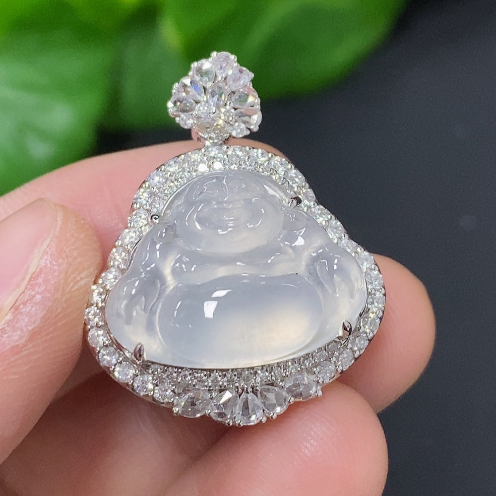 Jadeite Buddha Pendant with 18K Gold Setting, Total Weight Approx. 7.7g (Accented with Diamonds)