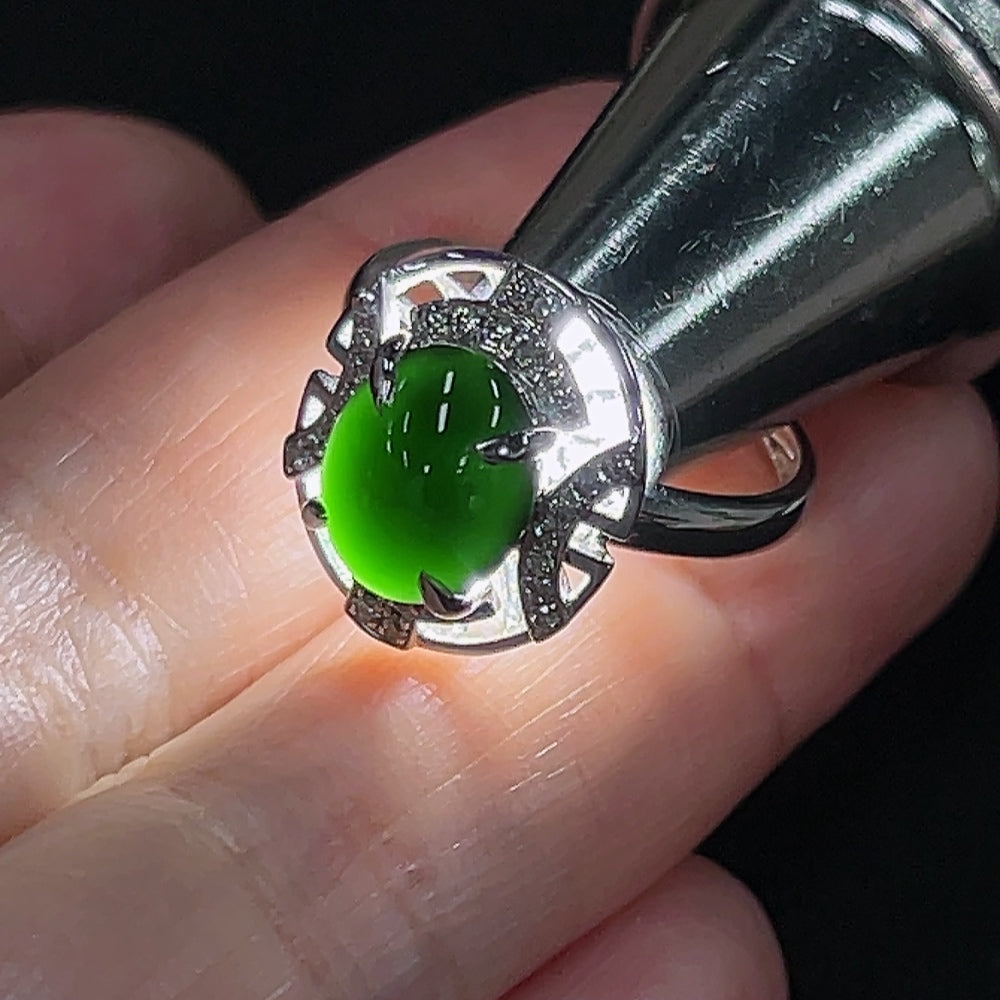 Jadeite inlaid ring with diamond accents, size 14, 18K gold, HKHQ, showing close-up of the detailed jade and gold design.