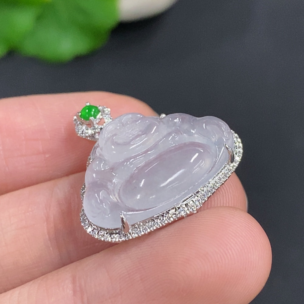 Jadeite Buddha Pendant Set in 18K Gold, Total Weight Approx. 3.7g (with Diamond Accents)