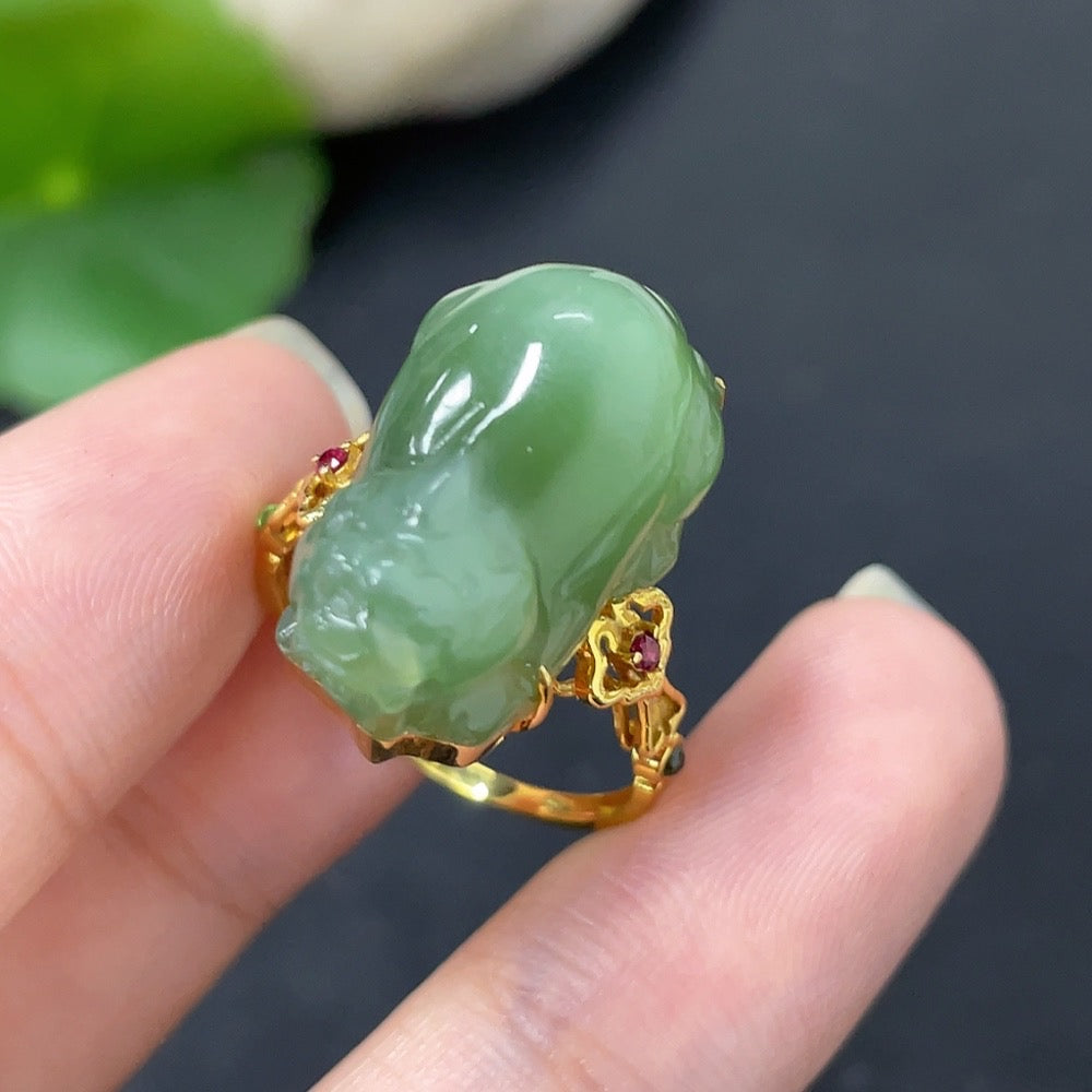 Hetian Jade Inlaid Ring with 18k Gold