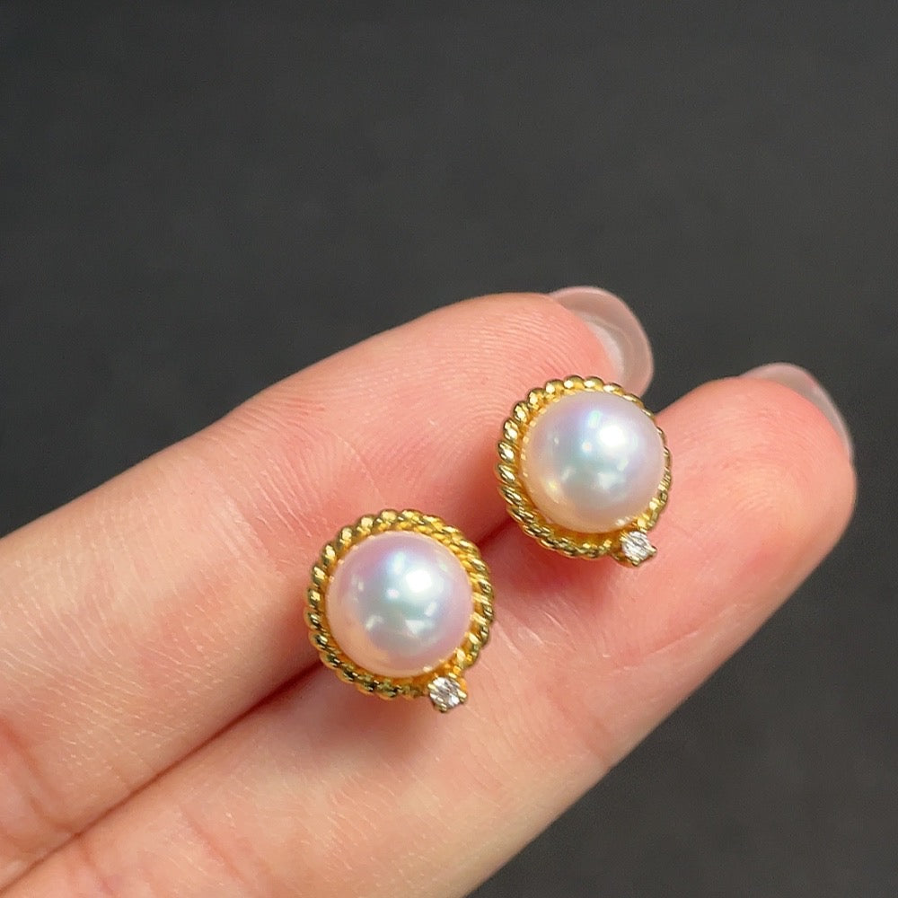 Pearl Earrings Set in 18K Gold, Approximately 7.6mm, Accented with Diamonds