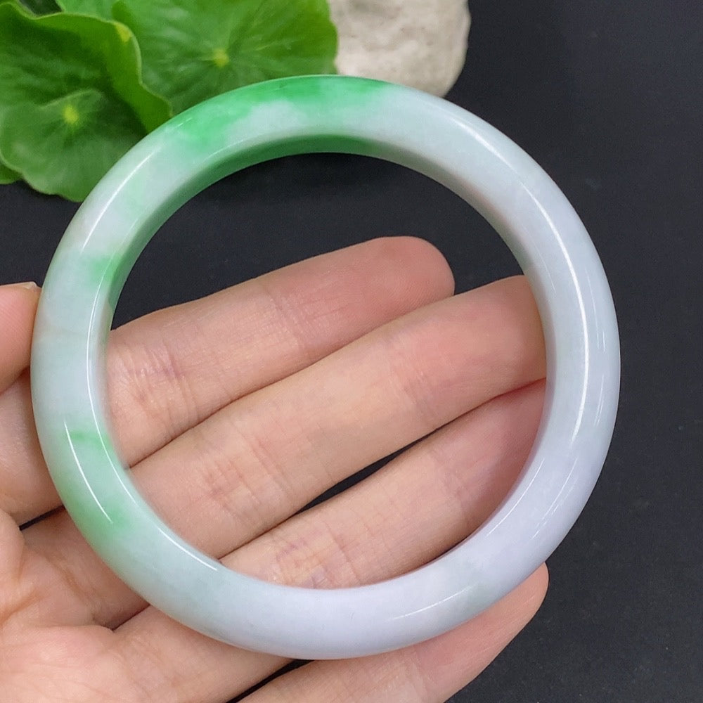 HKHQ jadeite round bangle bracelet, 57.3mm size, 60.6g, smooth green jadeite jewelry with polished finish