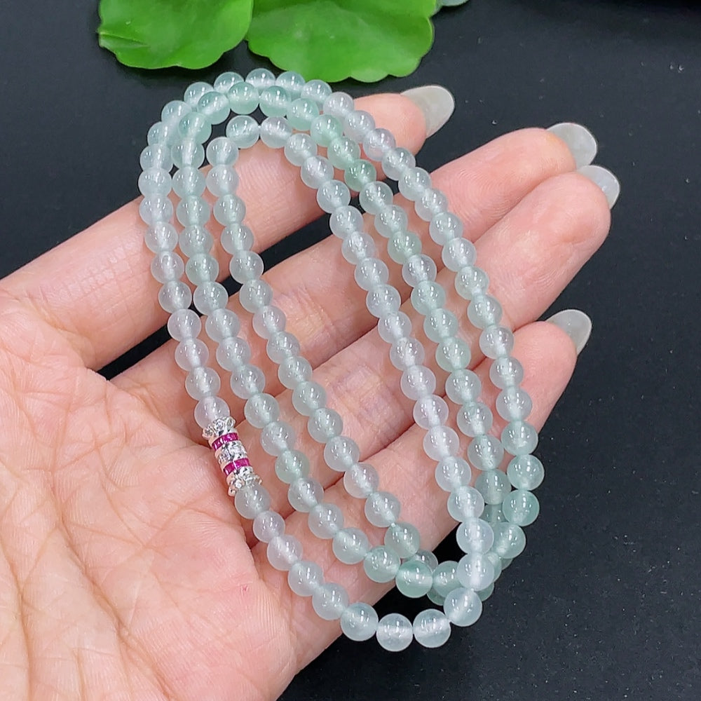 Jadeite bead necklace by HKHQ with 4.7mm jade beads, non-gold, total weight approximately 24.2g, close-up of the beads.