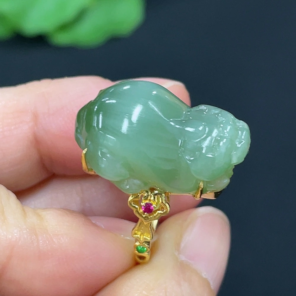 Hetian jade inlaid ring with 18k gold, size 15, featuring a smooth jade surface and gold accents, weighing approximately 6.2g.