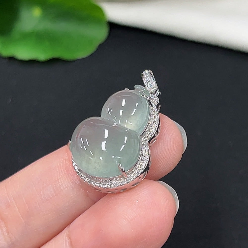 Jadeite gourd pendant with diamond accents, 9k gold necklace by HKHQ, showcasing intricate inlay and elegant design.