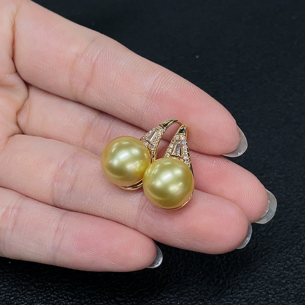 Seawater Pearl Earrings with 18k Gold, Approximately 11mm, Color Origin Undetermined, Accented with Diamonds