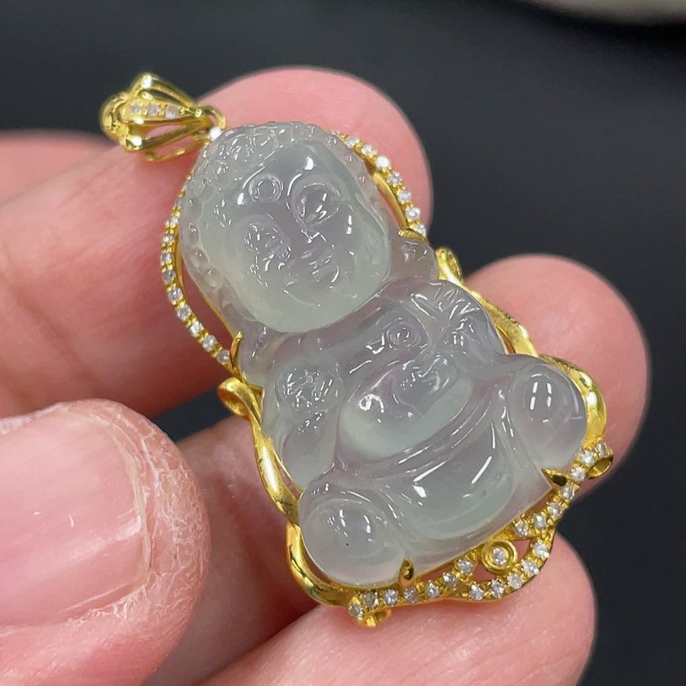 Jadeite Baby Buddha Pendant with 18K Gold and Diamond Accents