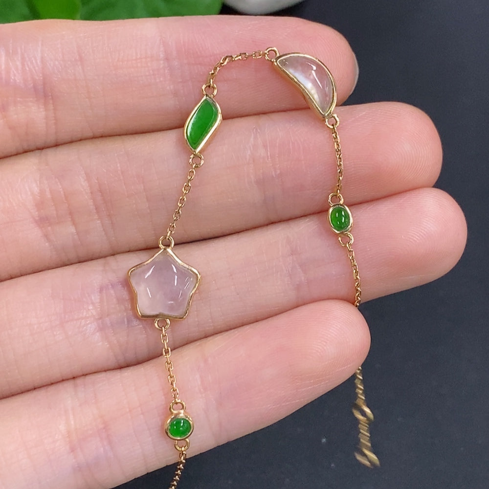 HKHQ jadeite bracelet with 18k gold inlay featuring green non-A grade jade stones, weighing approximately 2.8 grams.