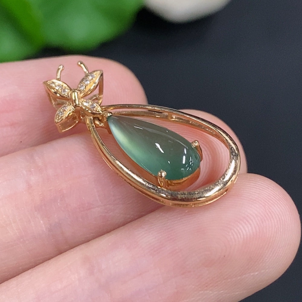 Jadeite Inlaid Pendant 18k Gold Total Weight Approx. 1.8g With Diamond Accents