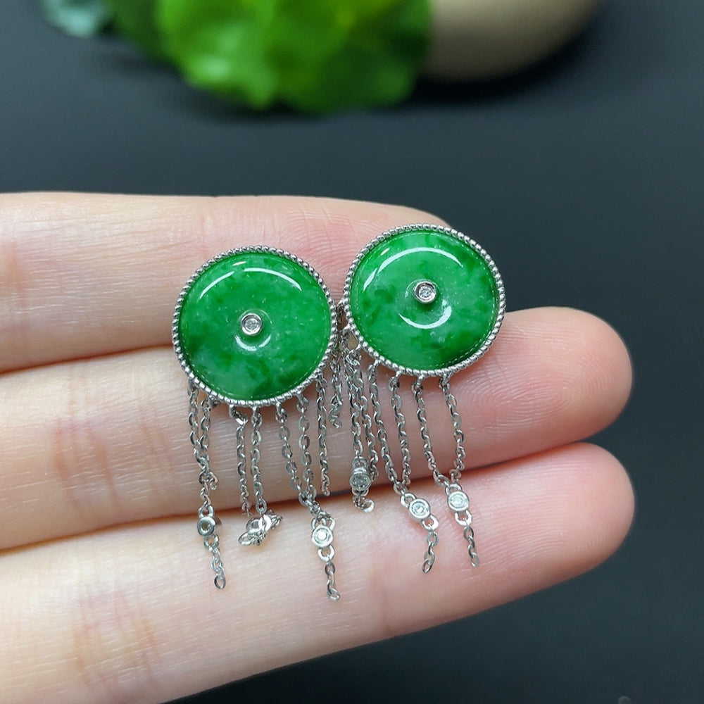 HKHQ Jadeite Safety Buckle Inlaid Earrings with diamonds, 18k gold, featuring mineral components, weighing approx. 3.79g