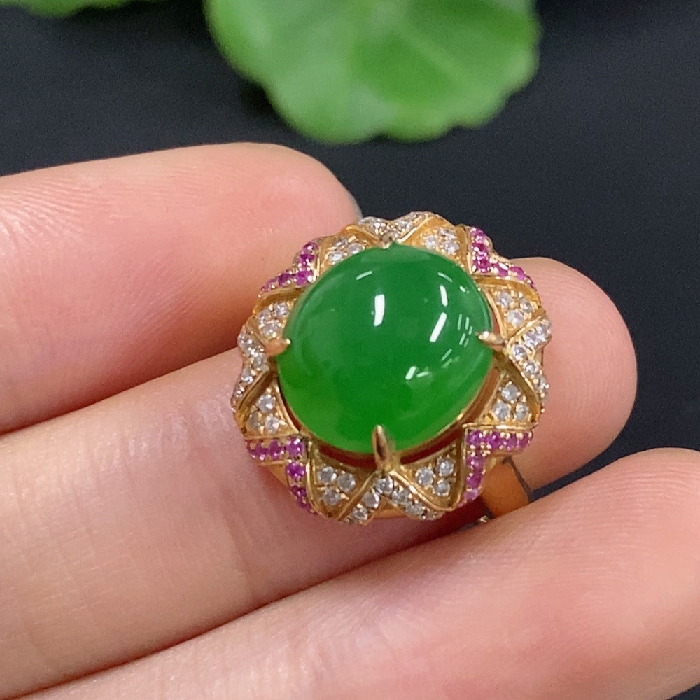 Jadeite Cabochon Ring 18K Gold with Diamond (Colorless) Size 11 Total Weight Approx. 5.92g