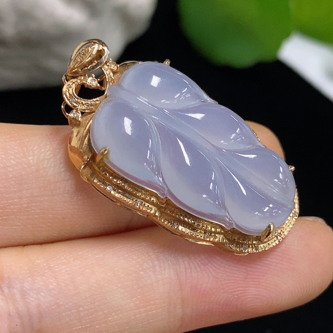 Jadeite Leaf Inlaid Pendant with 18k Gold and Diamond Accents
