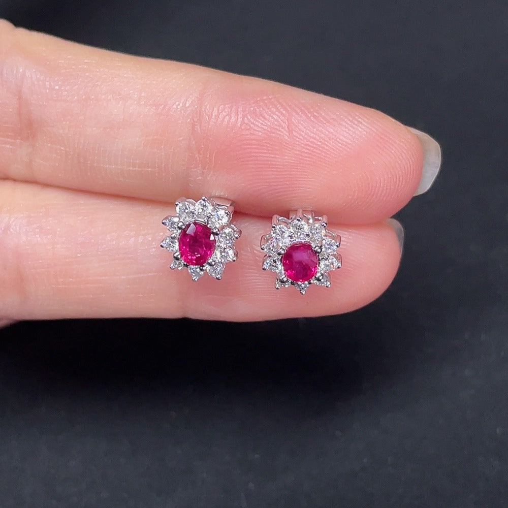 Ruby Stud Earrings, 18K Gold, Accented with Diamonds