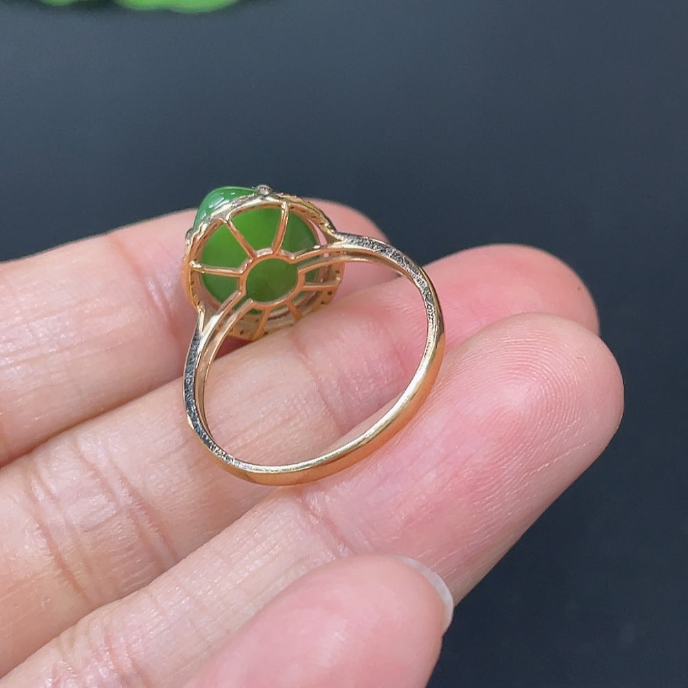 Hetian Jade Jasper Cabochon Inlaid Ring with 18k Gold, Accented with Diamonds