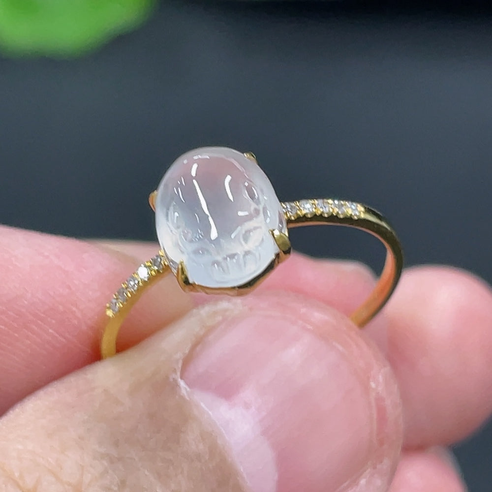 Jadeite Three-Legged Golden Toad Inlaid Ring 18k Gold Setting Size 14 Total Weight Approx. 1.25g with Diamond Accents