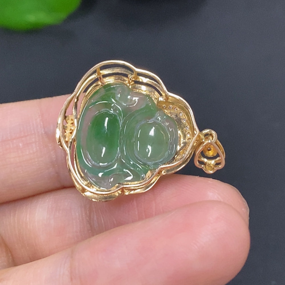 Jadeite Buddha Pendant with 18K Gold Setting, Total Weight Approx. 2.7g (with Diamond Accents)