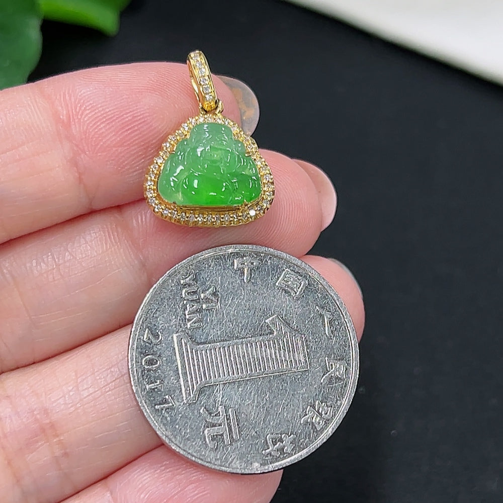 Jadeite God of Wealth Pendant 18K Gold Total Weight Approx. 2.3g (with Diamond Accents)