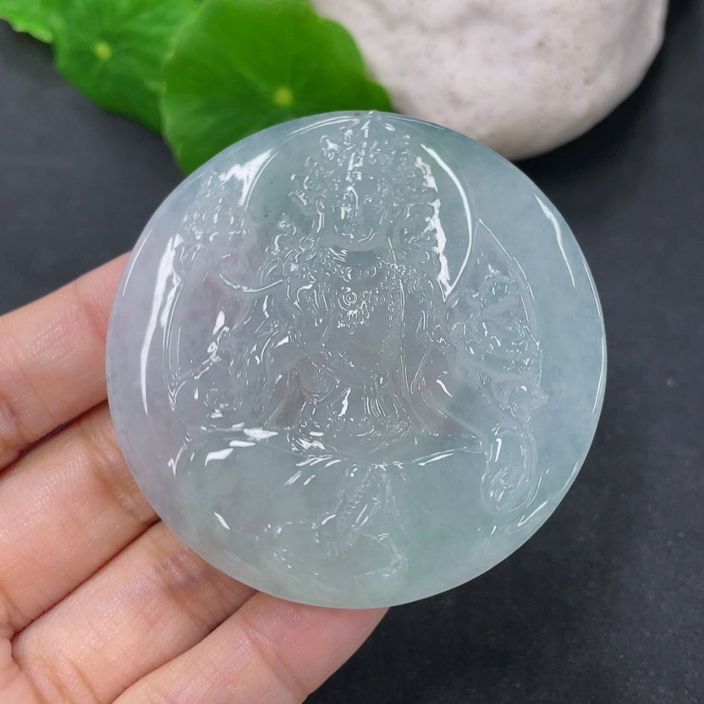 Green Jadeite pendant featuring a Green Tara design, weighing approximately 32.2g, crafted by HKHQ.