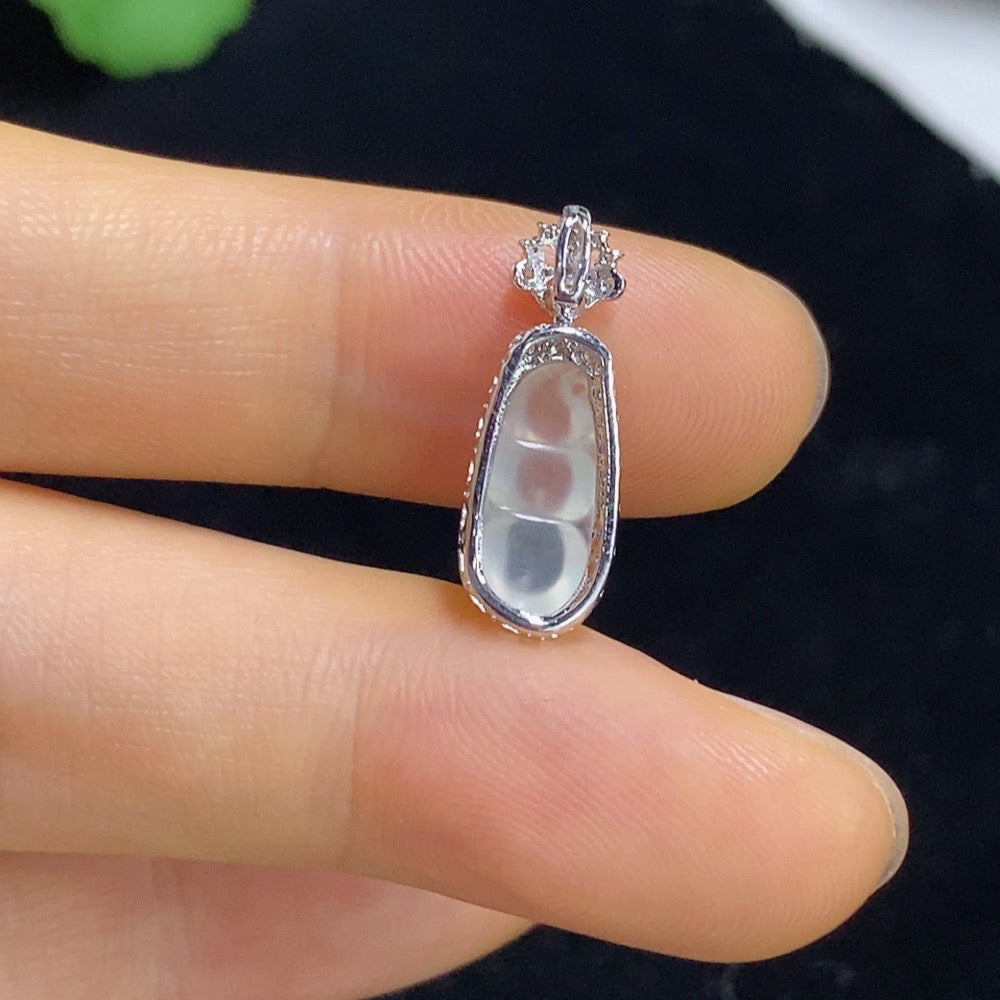 Jadeite Auspicious Bean Inlaid Pendant 18k with Diamond Accents Total Weight Approximately 1g