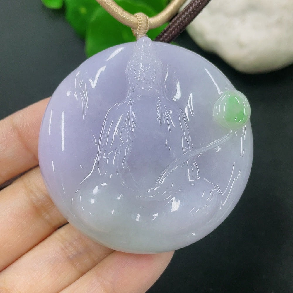 Jadeite Guanyin pendant with rope, weighing approximately 60.68g, featuring detailed carved Buddhist figure in vibrant green jade.