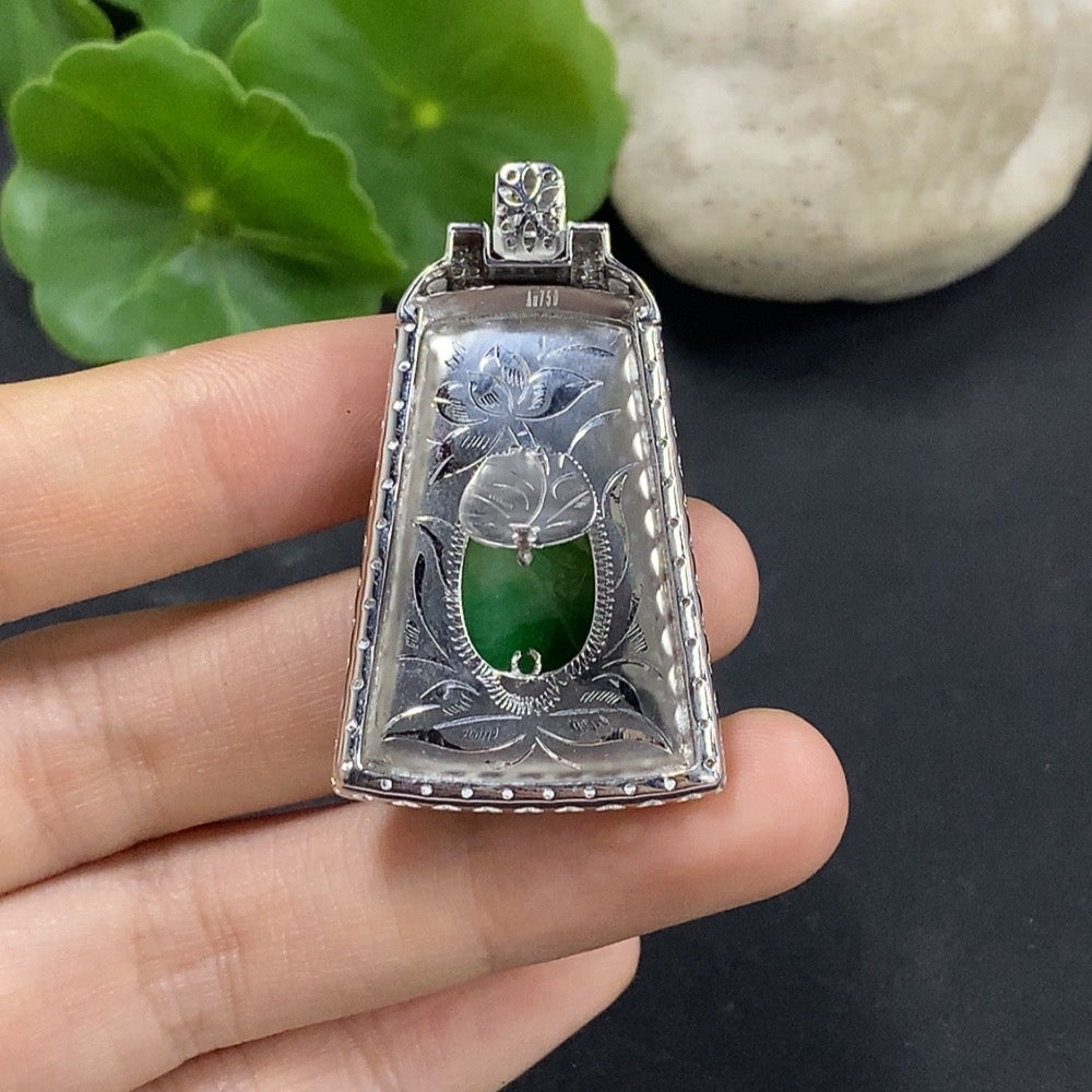 Jadeite Landscape Inlaid Pendant 18K Gold with Diamond Accents Total Weight Approx. 10.95g