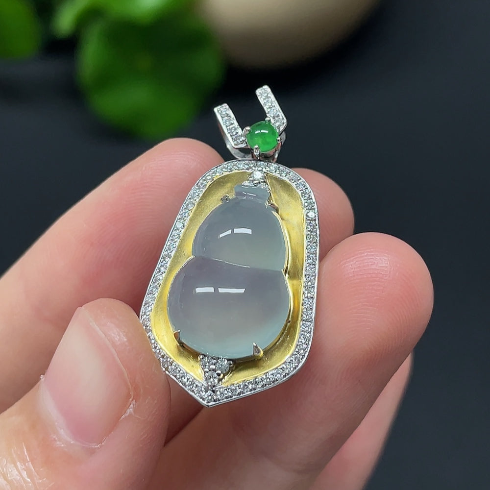 Jadeite Gourd Inlaid Pendant 18k with Diamond Accents