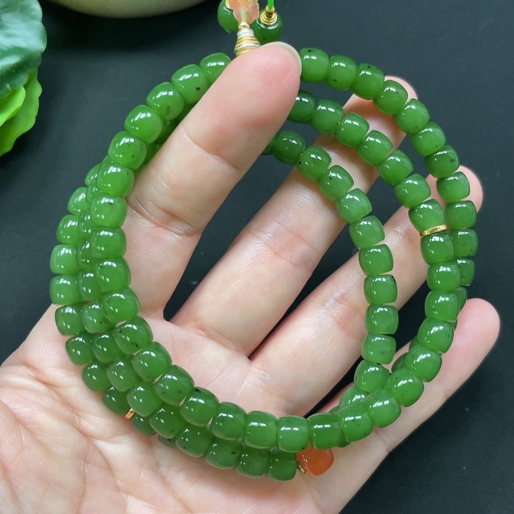 Hetian Jade Bead Necklace, Non-Gold, Non-Hetian Jade Beads, 6.8mm, Total Weight Approx. 61.76g
