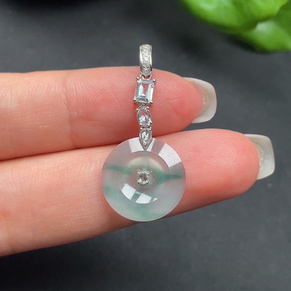Jadeite inlaid pendant with diamonds (the top clasp is set with real diamonds, the rest large stones are non-diamond) 18k