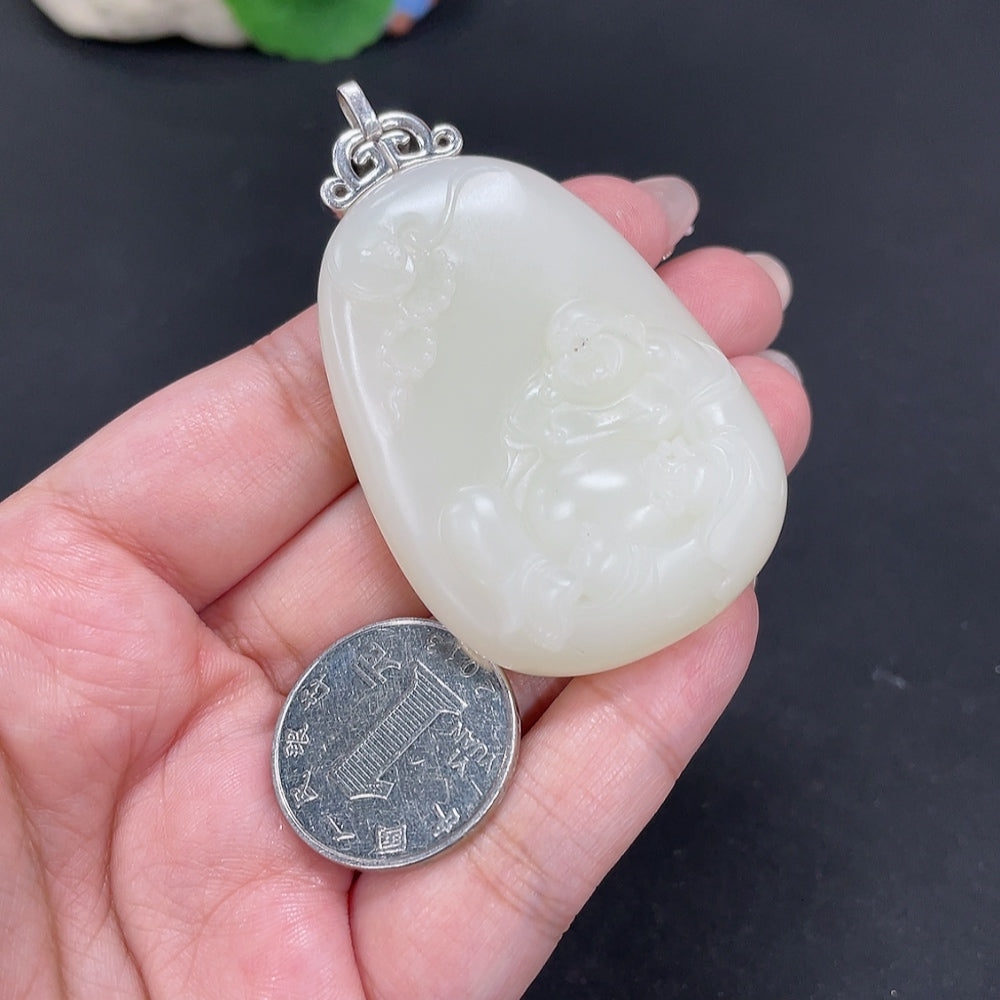 Hetian Jade Inlaid Pendant - Buddha, Total Weight Approx. 52.5g, Non-Gold