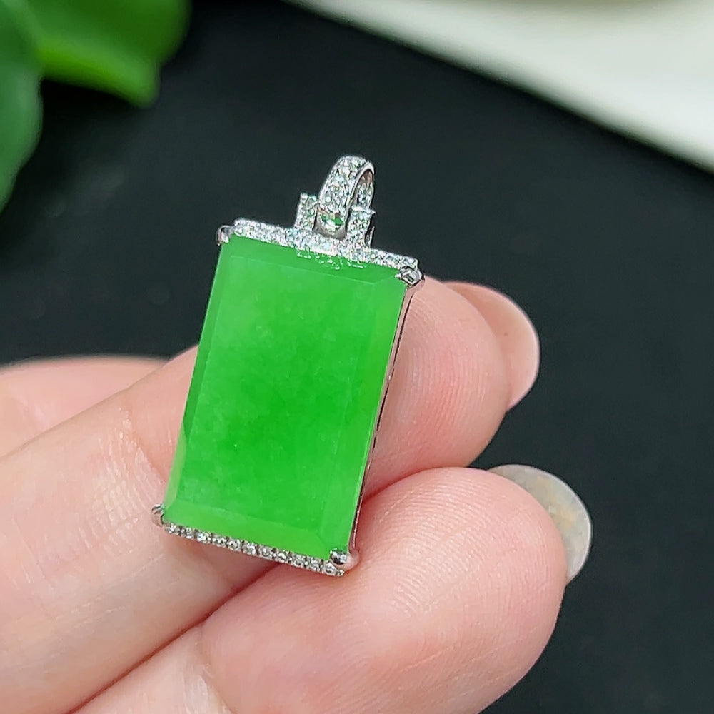 Jadeite pendant with 18k diamond accents, plain design, HKHQ brand, showcasing the smooth green jade stone on a white background.