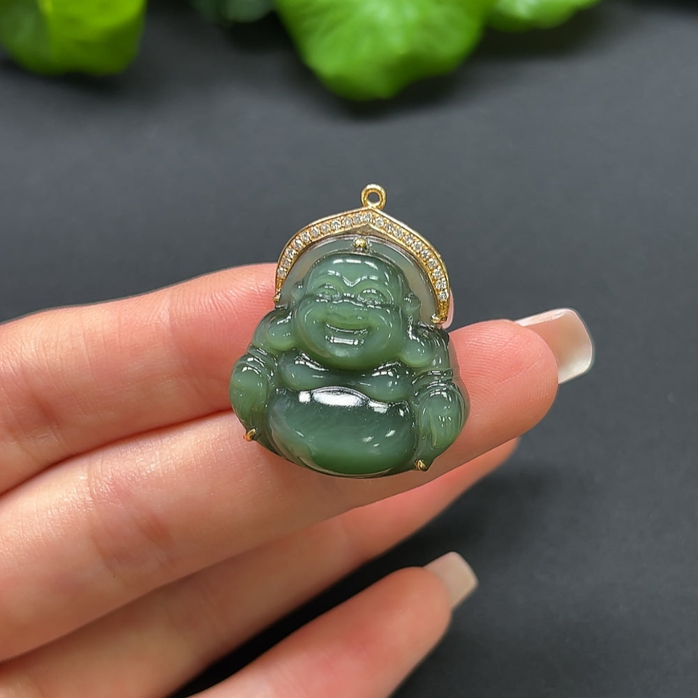 Hetian Jade Jasper Buddha Pendant with 70% Gold and Diamond Inlays